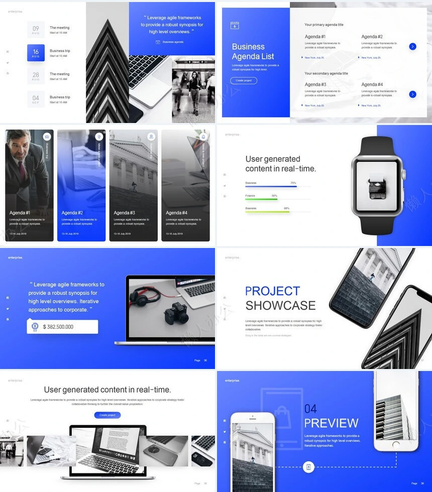 亮蓝时尚杂志风商业计划书公司宣传通用PPT模板