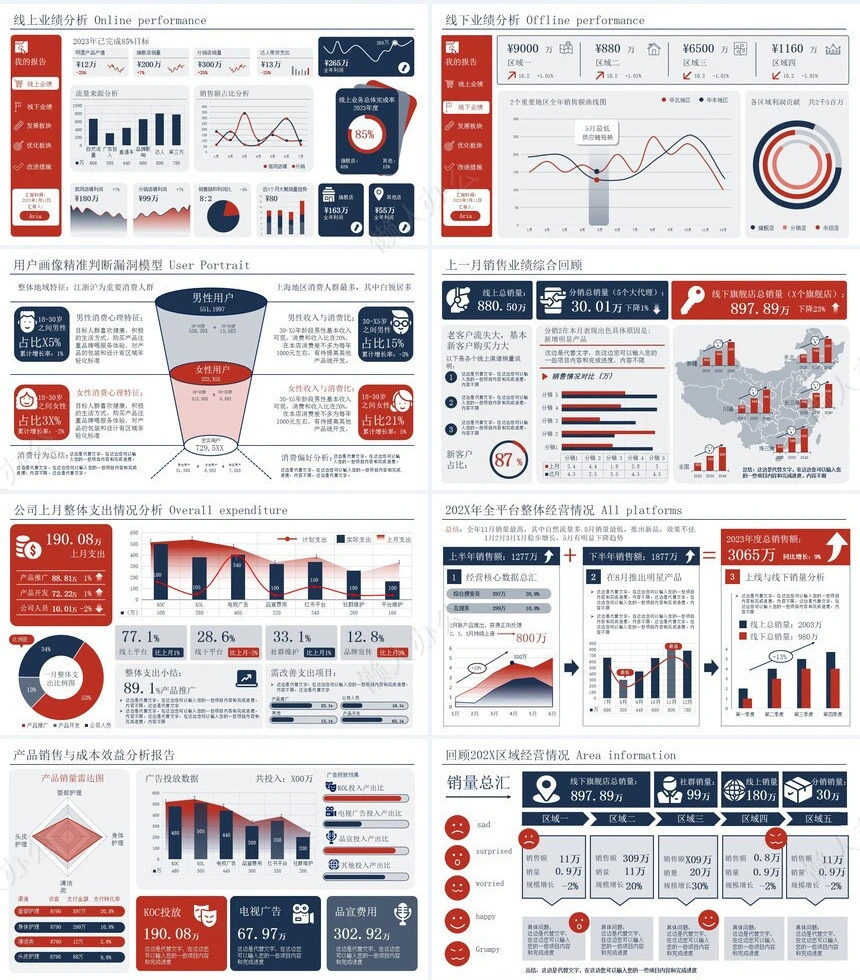 263页红+深蓝可视化图表PPT
