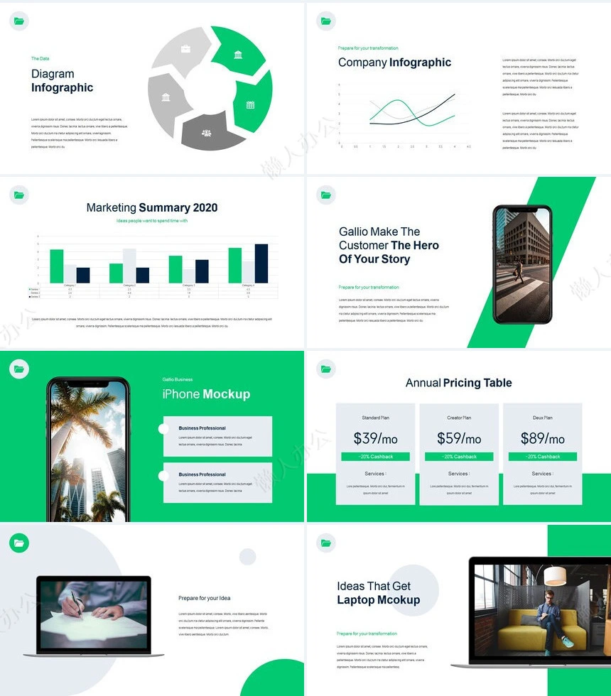 绿蓝色系欧美杂志风商业报价产品介绍商务报告通用PPT模板
