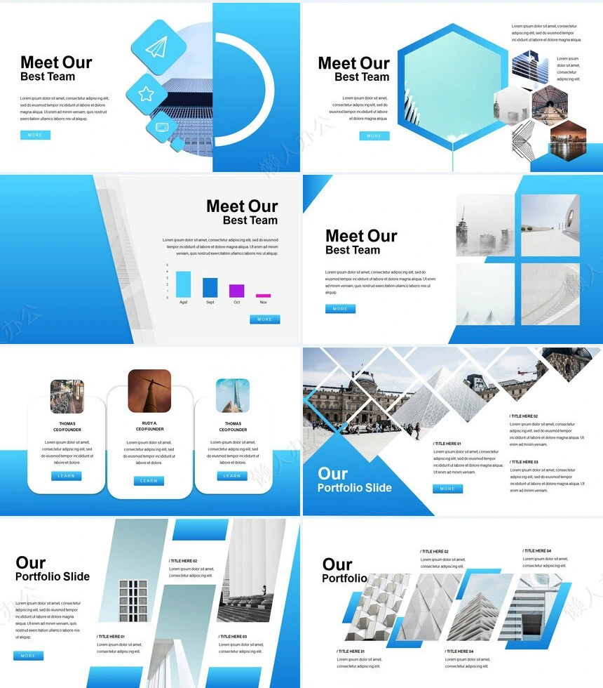 蓝色高楼欧美设计策划品牌宣传通用PPT模板相册图片