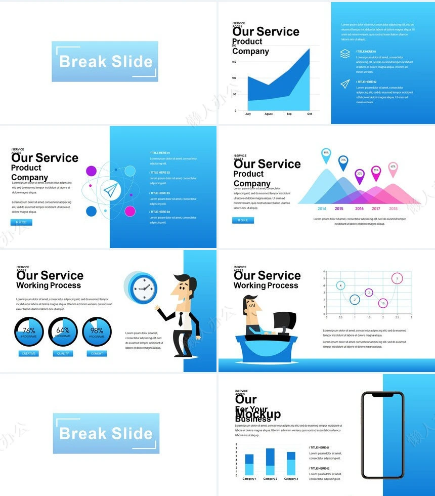 蓝色高楼欧美设计策划品牌宣传通用PPT模板相册图片