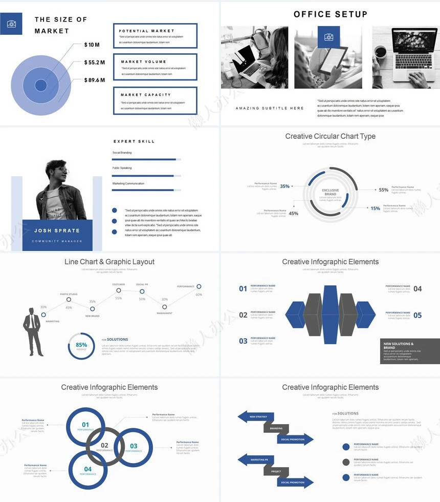 蓝灰科技北欧风图表通用PPT模板
