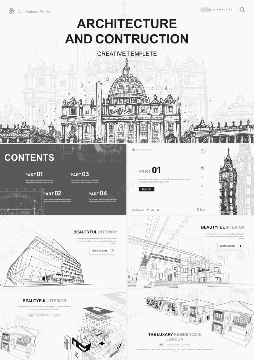 手绘欧美建筑底图简约艺术风PPT模板