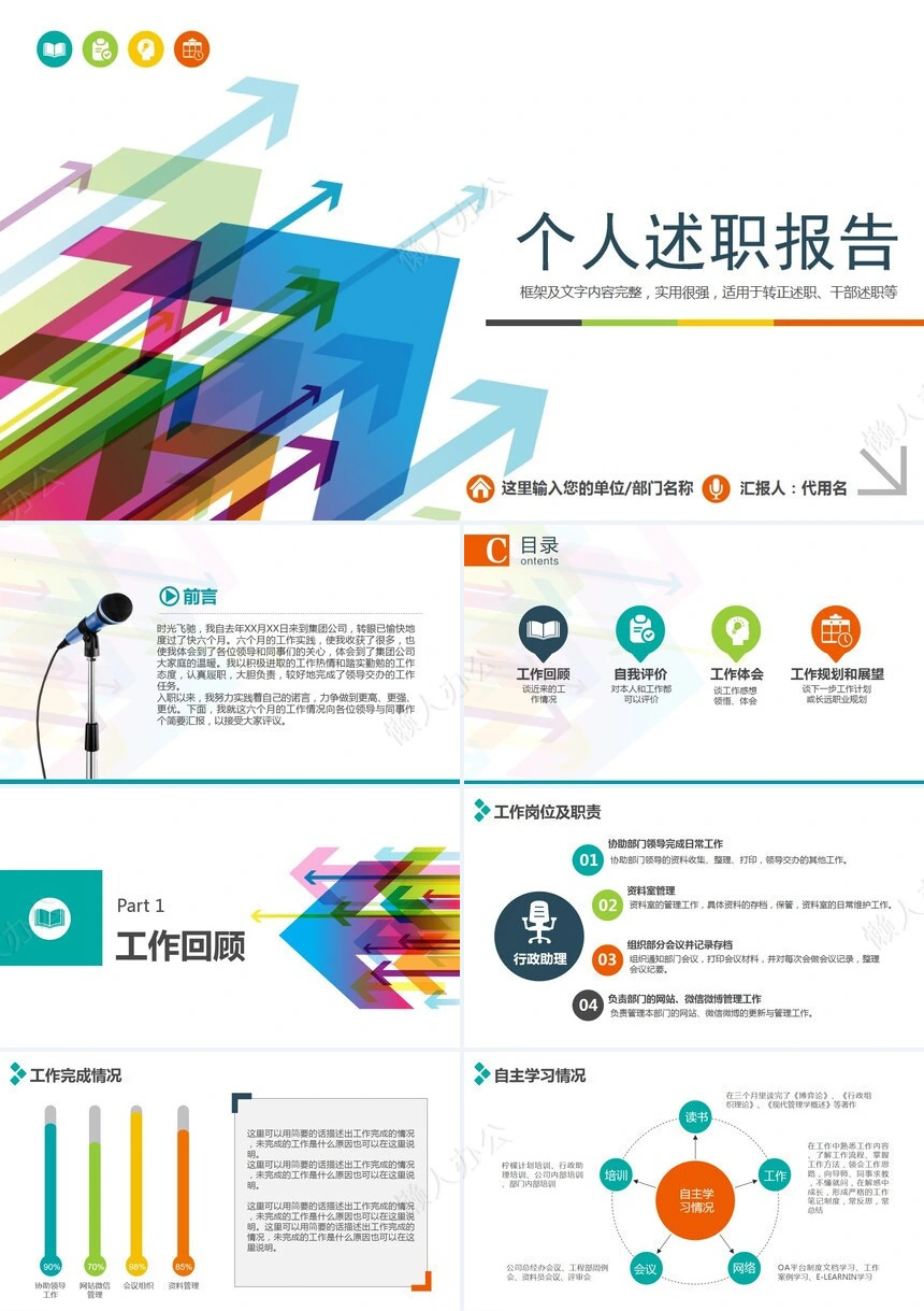 个人述职报告PPT模板转正述职干部述职框架文字内容完整