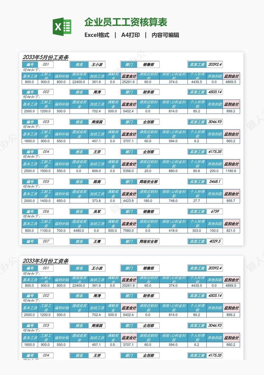 企业员工工资核算表