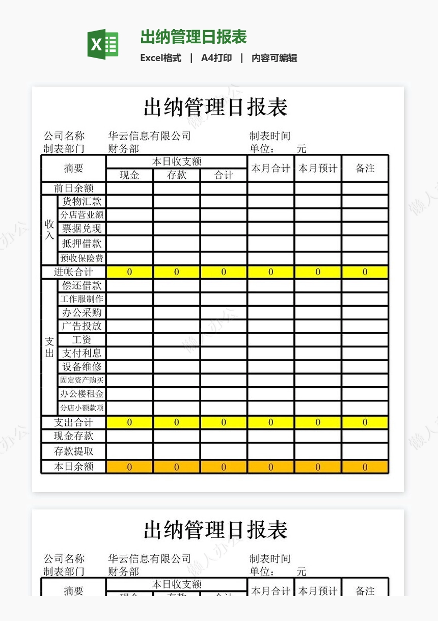 出纳管理日报表