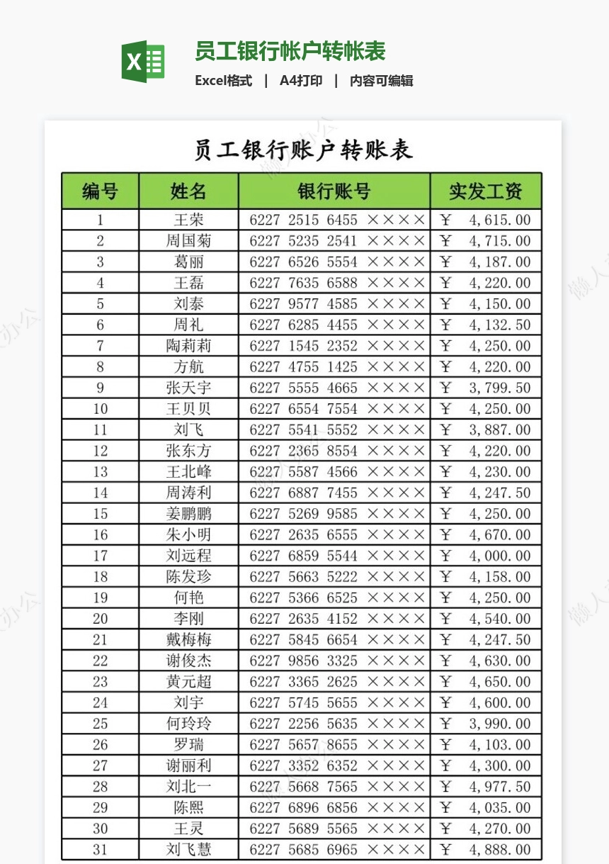 员工银行帐户转帐表