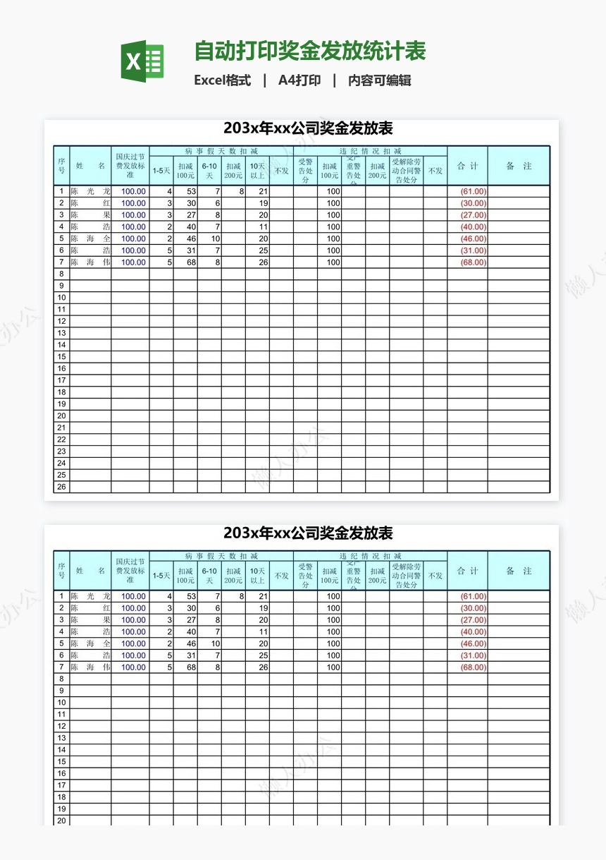 自动打印奖金发放统计表