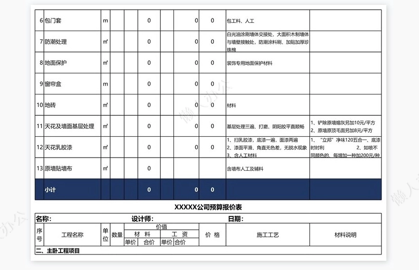 公司装修预算报价表