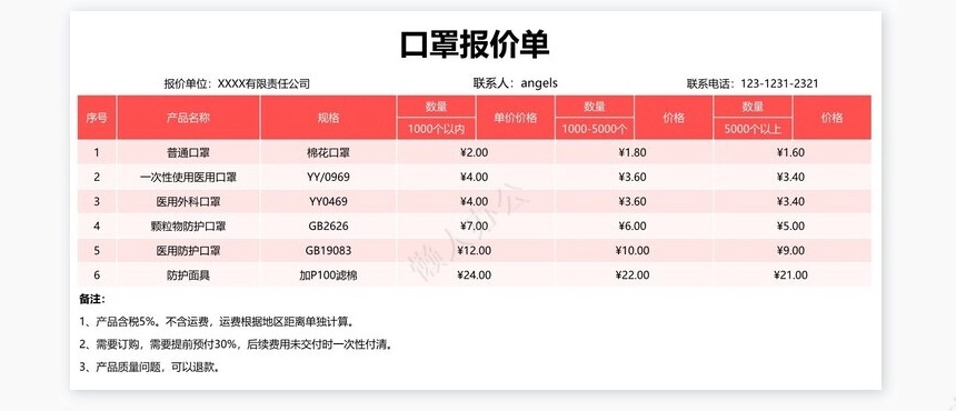 口罩报价单