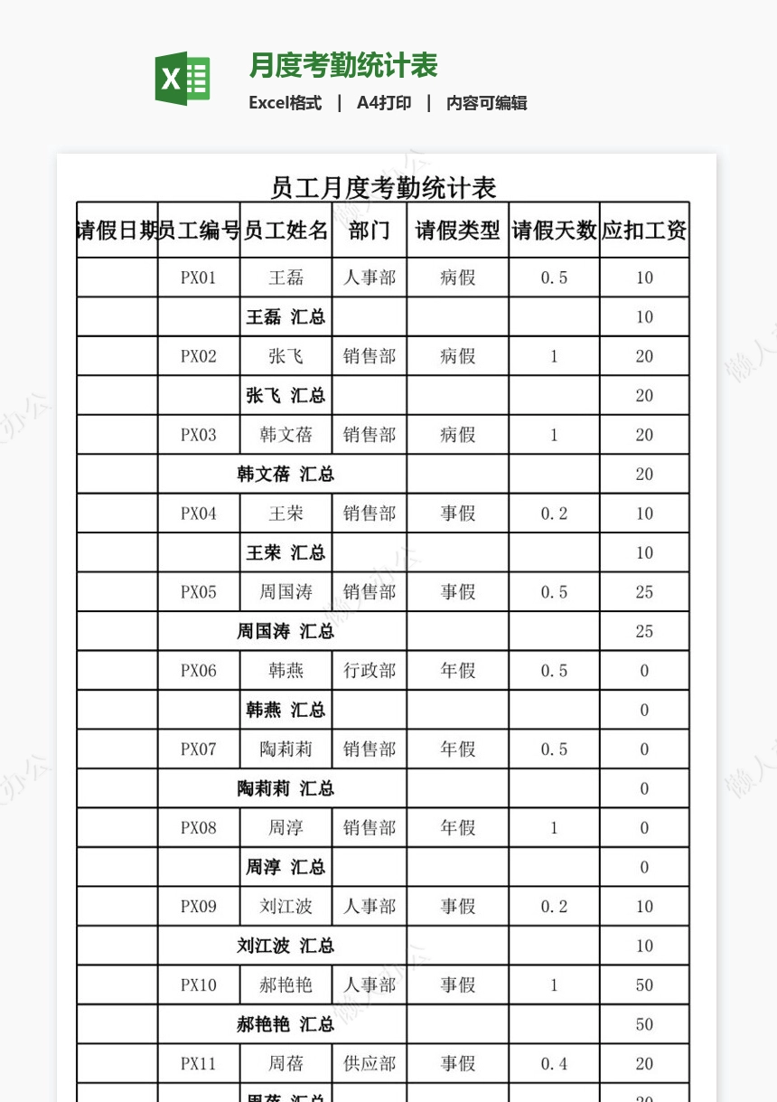 月度考勤统计表