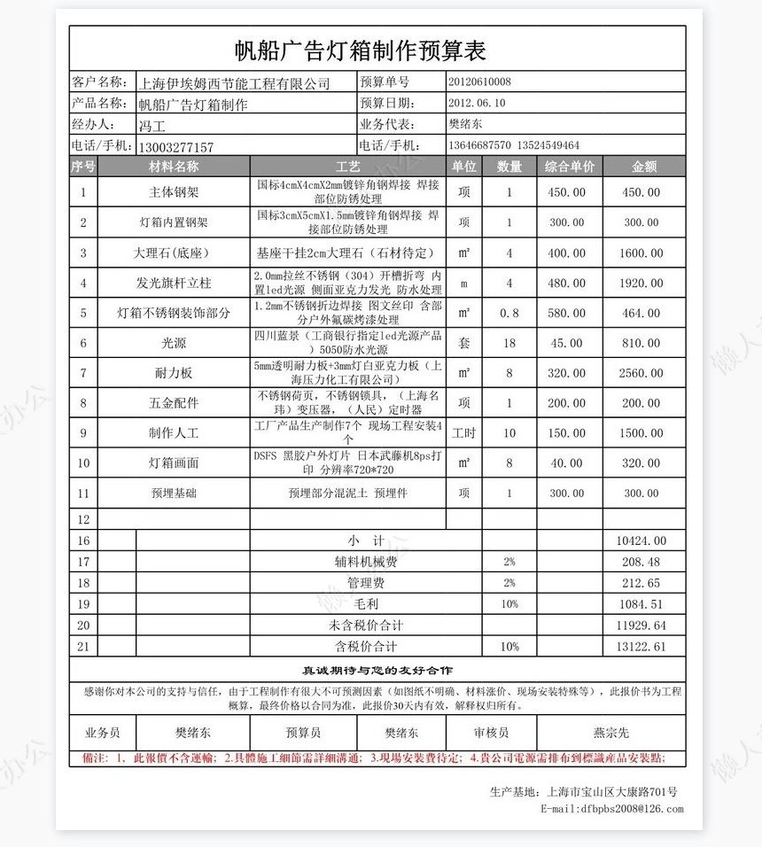 帆船广告灯箱制作预算表