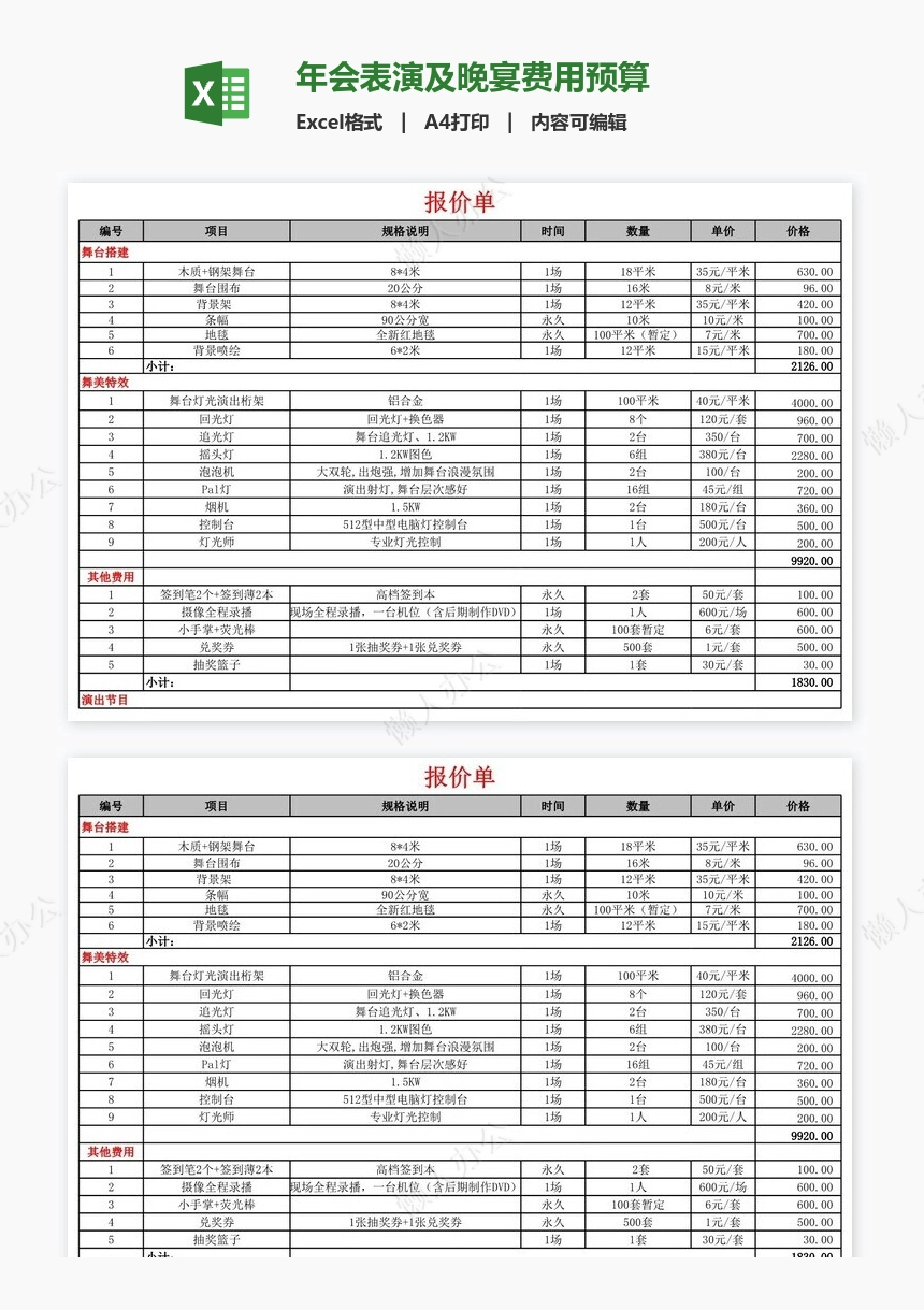 年会表演及晚宴费用预算