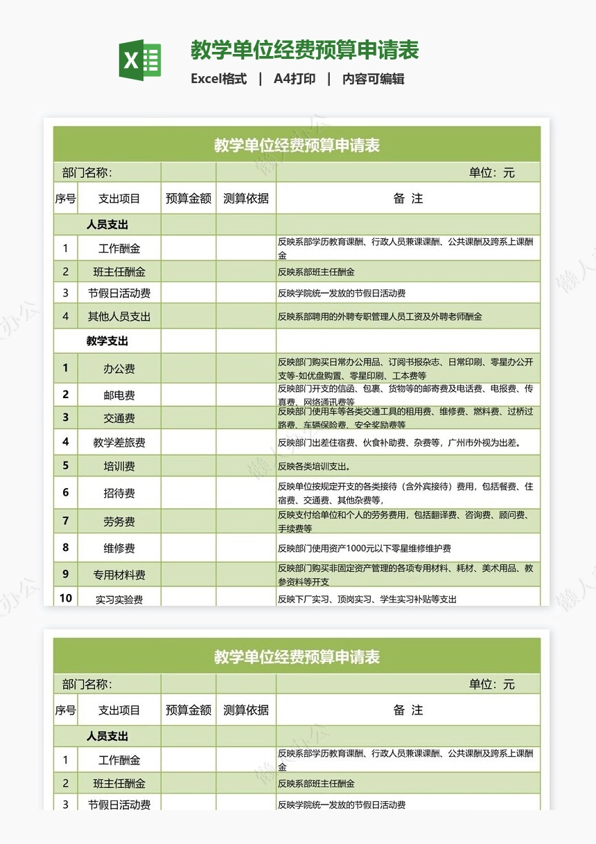 教学单位经费预算申请表