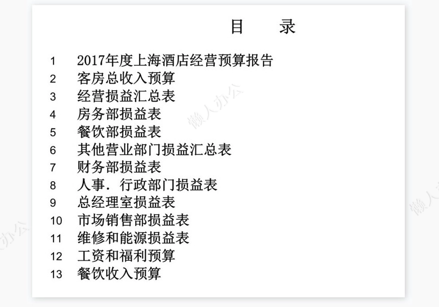 酒店预算财务报表