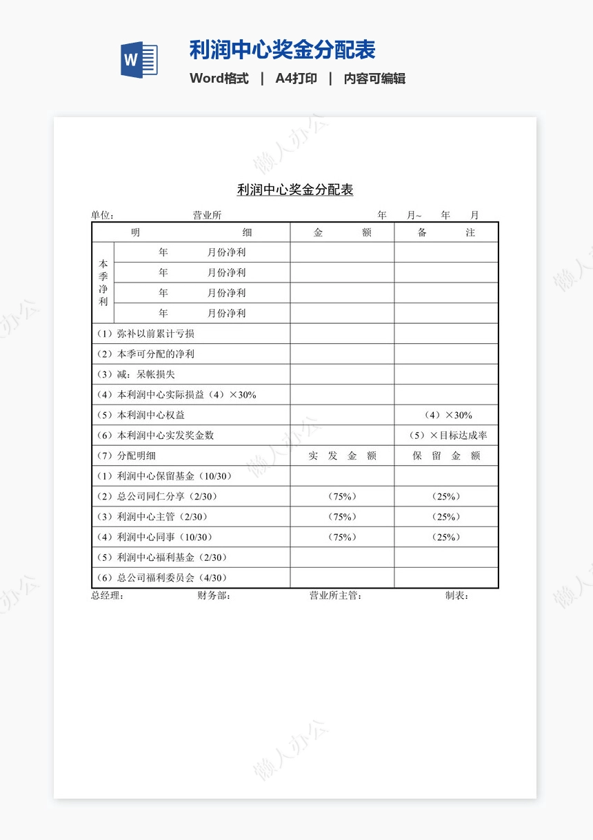 利润中心奖金分配表