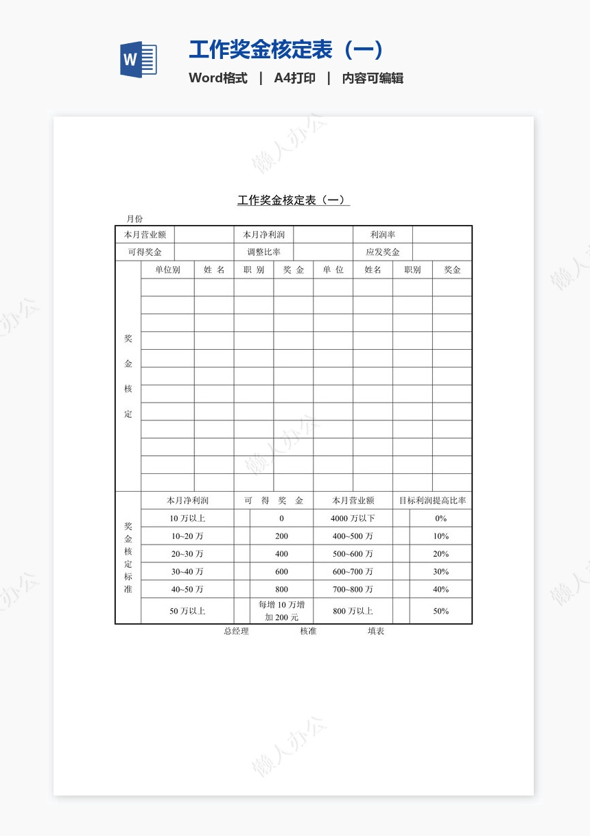 工作奖金核定表（一）